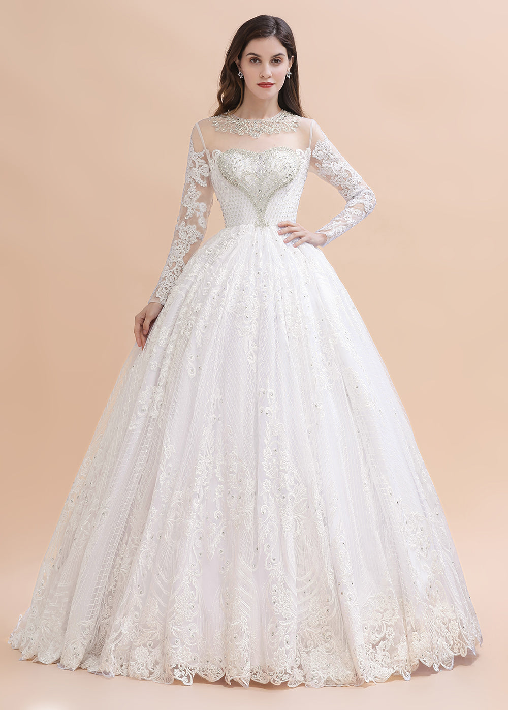 Glamorous Jewel Tulle Lace Wedding Dress Long Sleeves Appliques Beadings Bridal Gowns Online