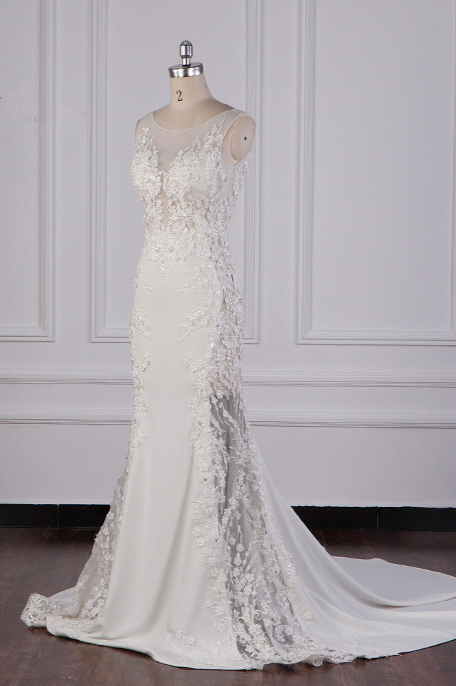 Glamorous Jewel Tulle Lace Wedding Dress Sleeveless Appliques Beadings Bridal Gowns Online