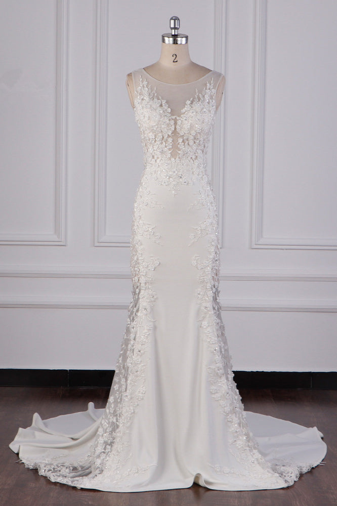 Glamorous Jewel Tulle Lace Wedding Dress Sleeveless Appliques Beadings Bridal Gowns Online