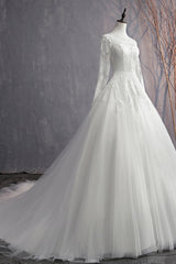 Glamorous Jewel White Tulle Lace Wedding Dress Long Sleeves Appliques Bridal Gowns On Sale