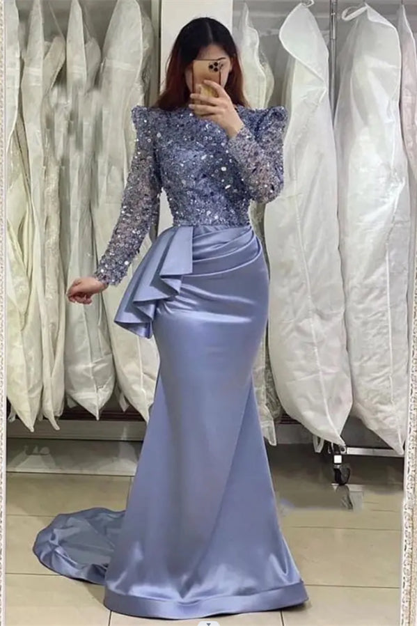 Fabulous Lavender Long Mermaid High Neck Beading Prom Dress With Long Sleeves