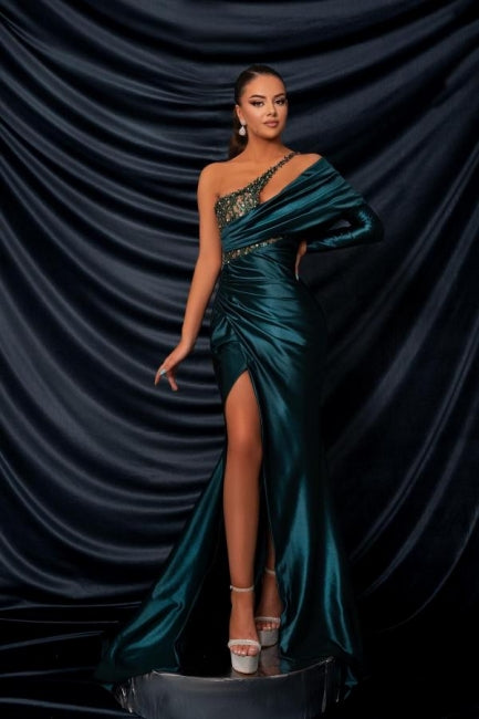 Glamorous Long Dark Green One Shoulder Beaded Lace Long Sleeve Prom Gown with Slit