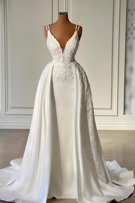 Glamorous Long Ivory A-line V-neck Sleeveless Lacy Wedding Dress