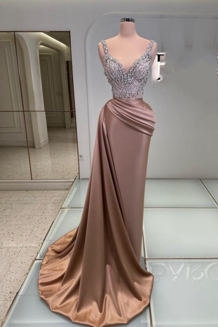 Glamorous Long Mermaid V-neck Sleeveless Jewel Embellished Prom Dress