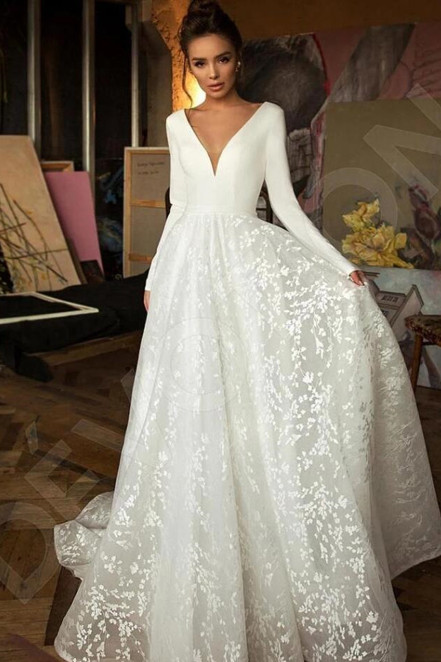 Glamorous Long Sleeve V-Neck Wedding Dress With Lace Appliques-Newinlook