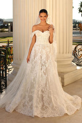 Glamorous Long White A-line Off-Shoulder Lace Wedding Dress with Elegant Details