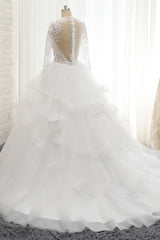 Glamorous Longlseeves Tulle Ruffles Wedding Dresses Jewel A-line White Bridal Gowns With Appliques On Sale