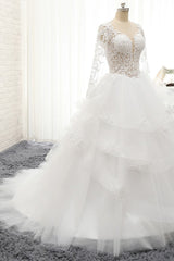 Glamorous Longlseeves Tulle Ruffles Wedding Dresses Jewel A-line White Bridal Gowns With Appliques On Sale