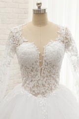 Glamorous Longlseeves Tulle Ruffles Wedding Dresses Jewel A-line White Bridal Gowns With Appliques On Sale