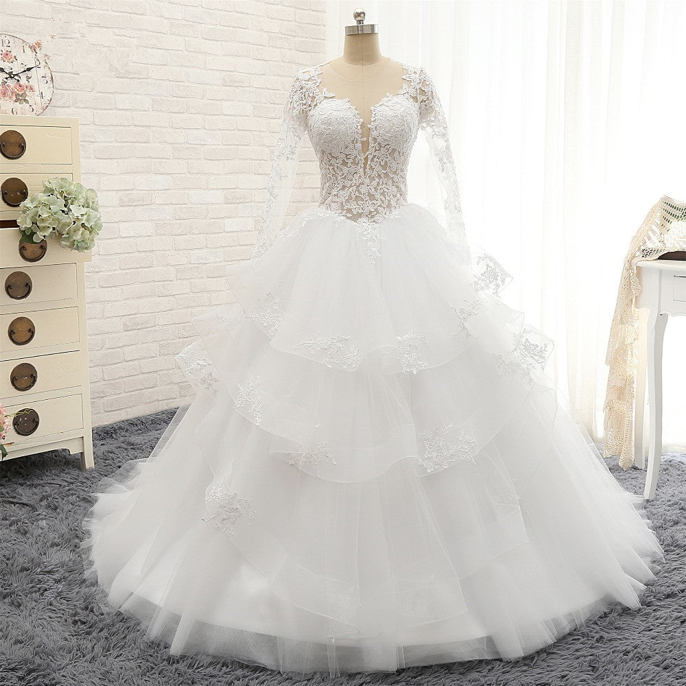 Glamorous Longlseeves Tulle Ruffles Wedding Dresses Jewel A-line White Bridal Gowns With Appliques On Sale