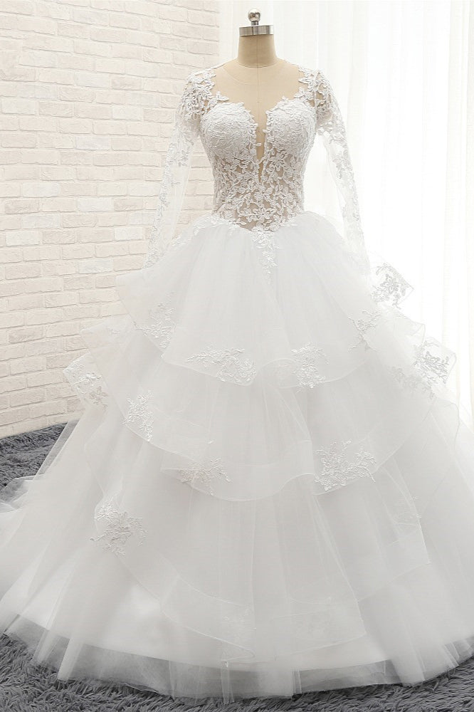 Glamorous Longlseeves Tulle Ruffles Wedding Dresses Jewel A-line White Bridal Gowns With Appliques On Sale