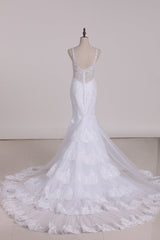 Glamorous Mermaid White Tulle Lace Wedding Dress Straps V-Neck Appliques Beadings Bridal Gowns On Sale