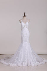 Glamorous Mermaid White Tulle Lace Wedding Dress Straps V-Neck Appliques Beadings Bridal Gowns On Sale