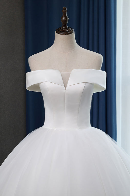 Glamorous Off-the-shoulder A-line Tulle Wedding Dresses White Ruffles Bridal Gowns On Sale