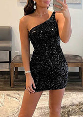 Glamorous One-Shoulder Velvet Sequins Homecoming Dress