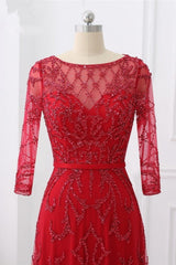 Glamorous Red Tulle Jewel Appliques Prom Dresses Long Sleeves with Rhinestones On Sale