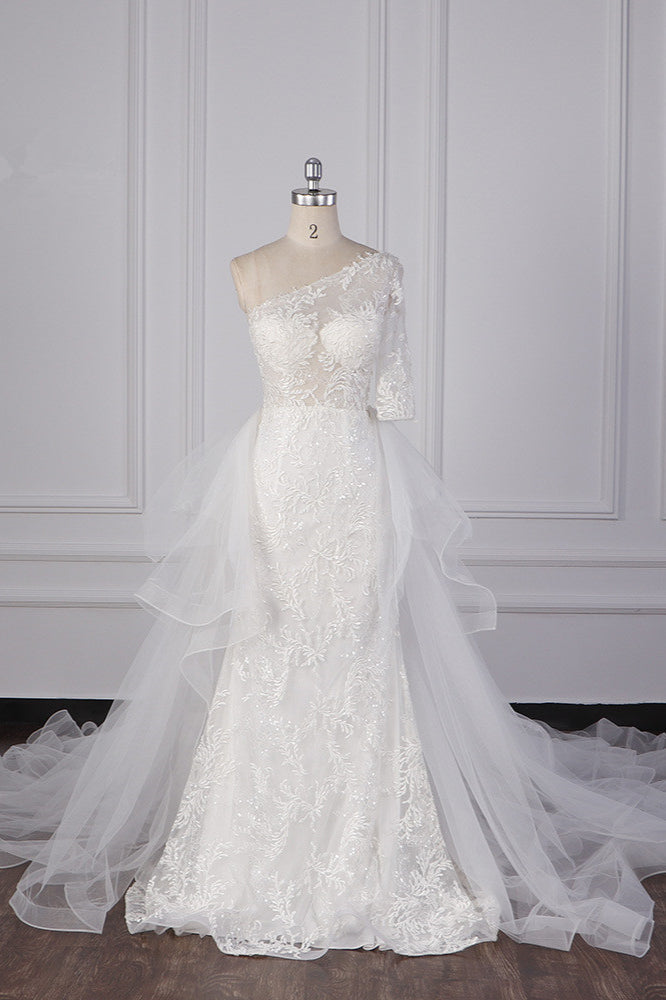 Glamorous Sheath Lace Tulle Wedding Dress One-Shoulder 3/4 Sleeve Appliques Bridal Gowns Online