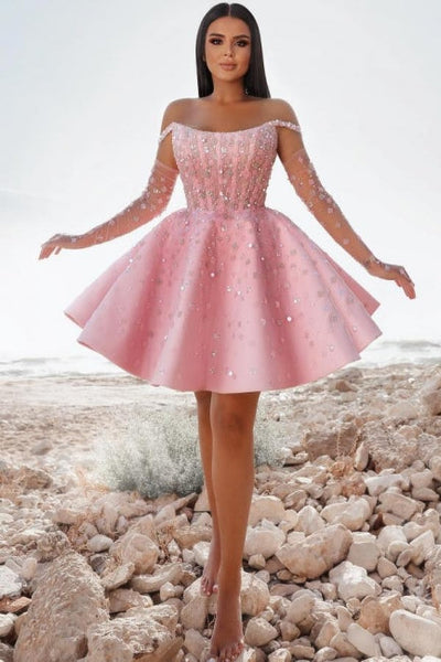 Glamorous Short Pink Cocktail Dress Off the shoulder Glittery Prom Dre Newinlook