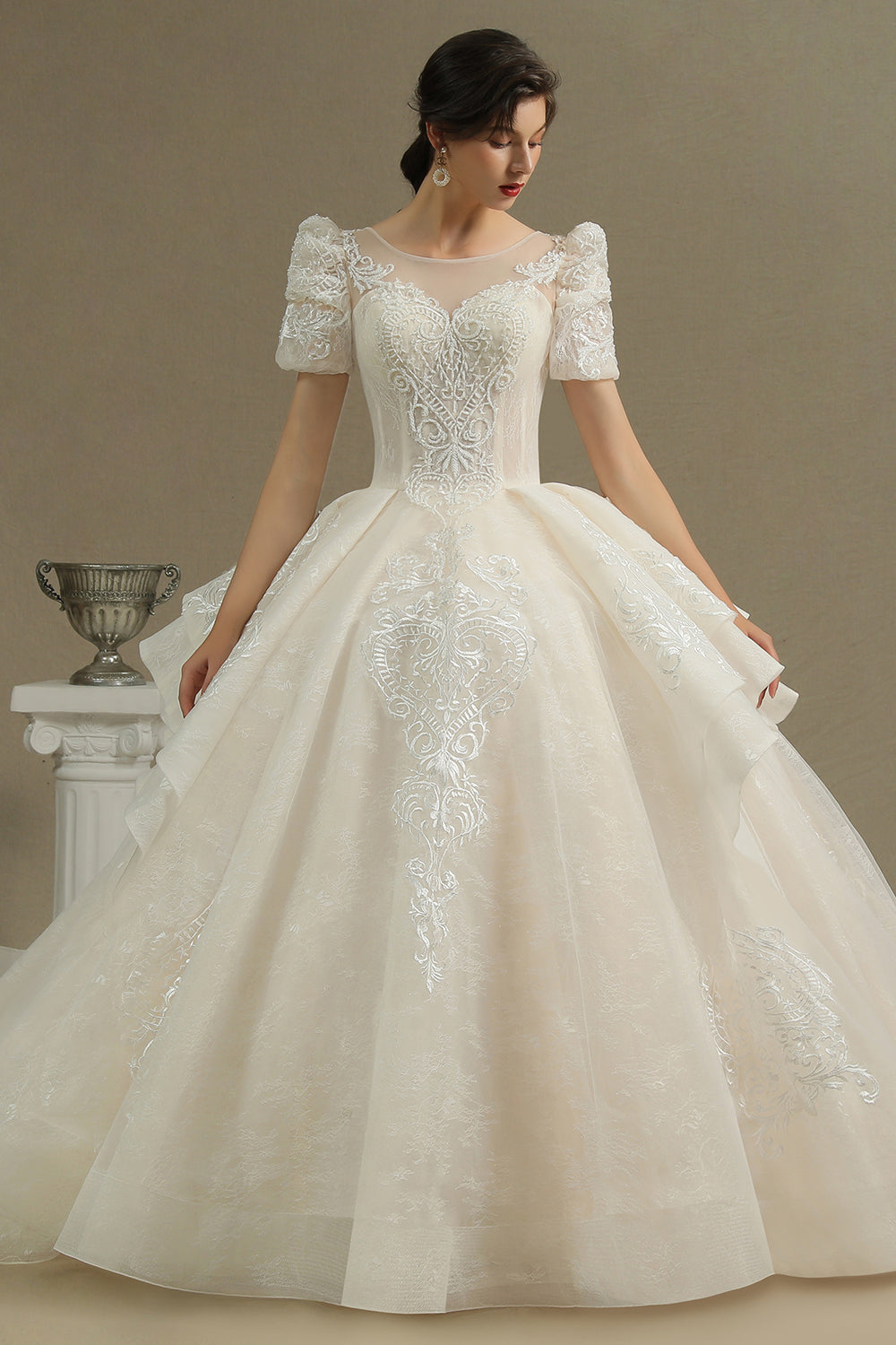 Glamorous Short Sleeve Lace Ball Gown Wedding Dress