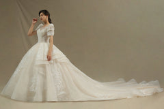 Glamorous Short Sleeve Lace Ball Gown Wedding Dress