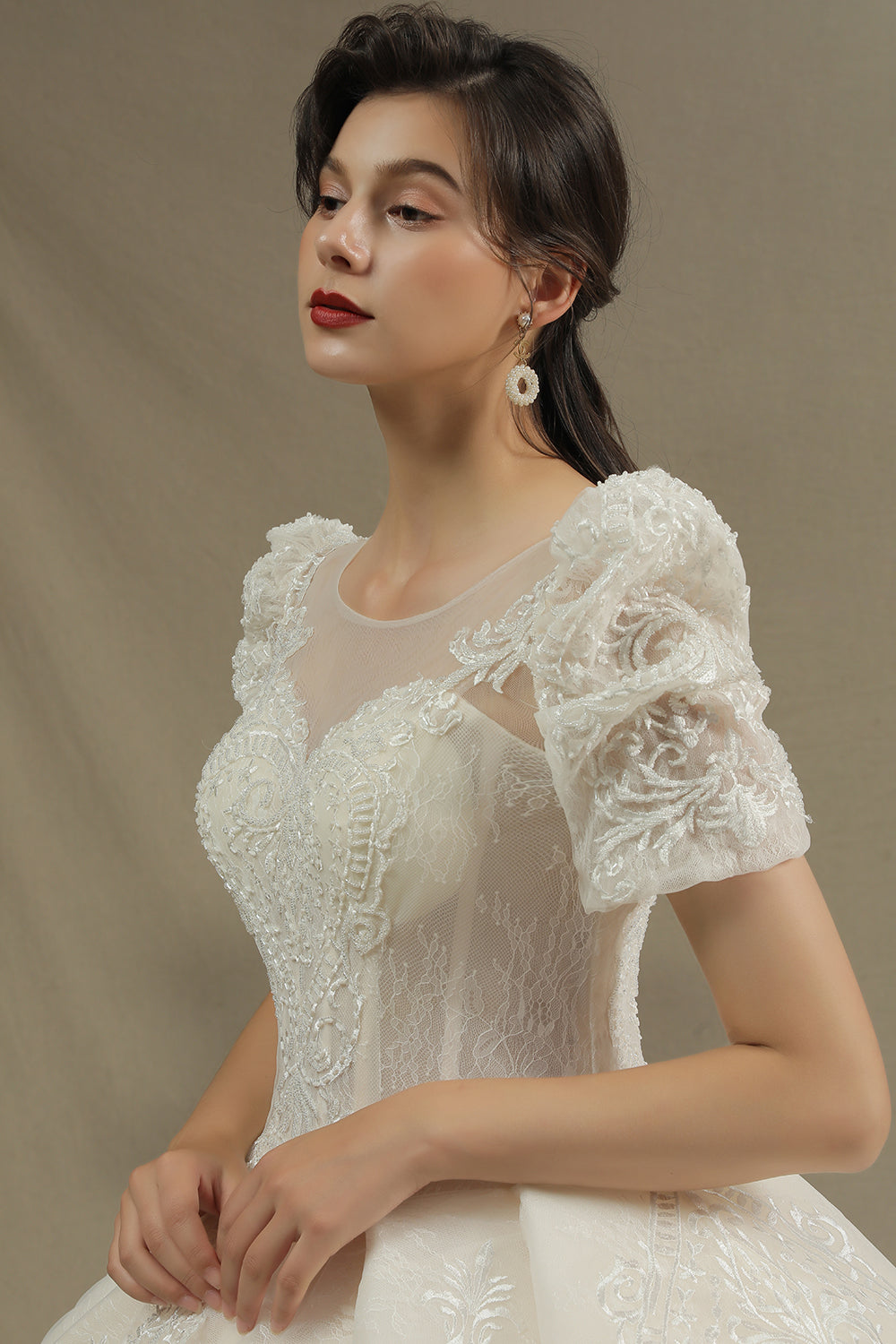 Glamorous Short Sleeve Lace Ball Gown Wedding Dress