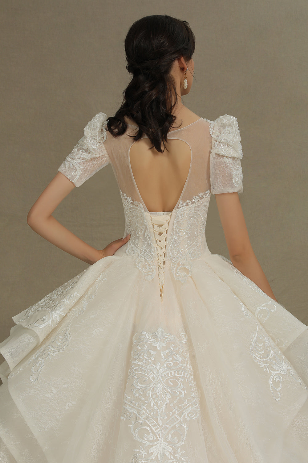 Glamorous Short Sleeve Lace Ball Gown Wedding Dress