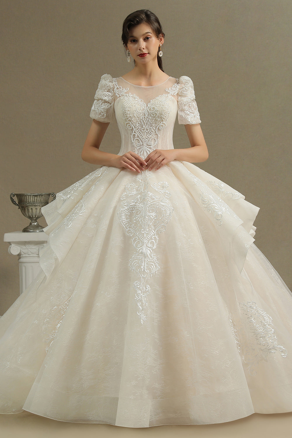 Glamorous Short Sleeve Lace Ball Gown Wedding Dress