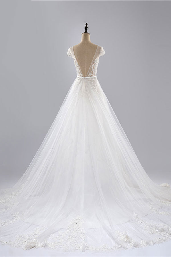 Glamorous Shortsleeves Jewel Appliques Wedding Dresses A-line Tulle Lace Bridal Gowns On Sale