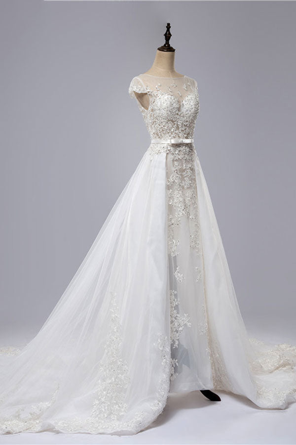 Glamorous Shortsleeves Jewel Appliques Wedding Dresses A-line Tulle Lace Bridal Gowns On Sale