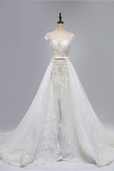 Glamorous Shortsleeves Jewel Appliques Wedding Dresses A-line Tulle Lace Bridal Gowns On Sale