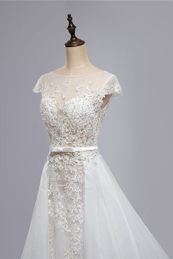 Glamorous Shortsleeves Jewel Appliques Wedding Dresses A-line Tulle Lace Bridal Gowns On Sale