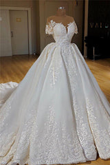 Glamorous Shortsleeves Jewel White Wedding Dresses With Appliques A-line Lace Bridal Gowns On Sale