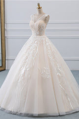 Glamorous Sleeveless Jewel Pink Wedding Dresses Tulle Ruffles Bridal Gowns With Appliques Online