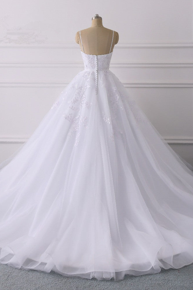 Glamorous Spaghetti Straps V-Neck Tulle Wedding Dress Ball Gown Ruffles Appliques Bridal Gowns Online