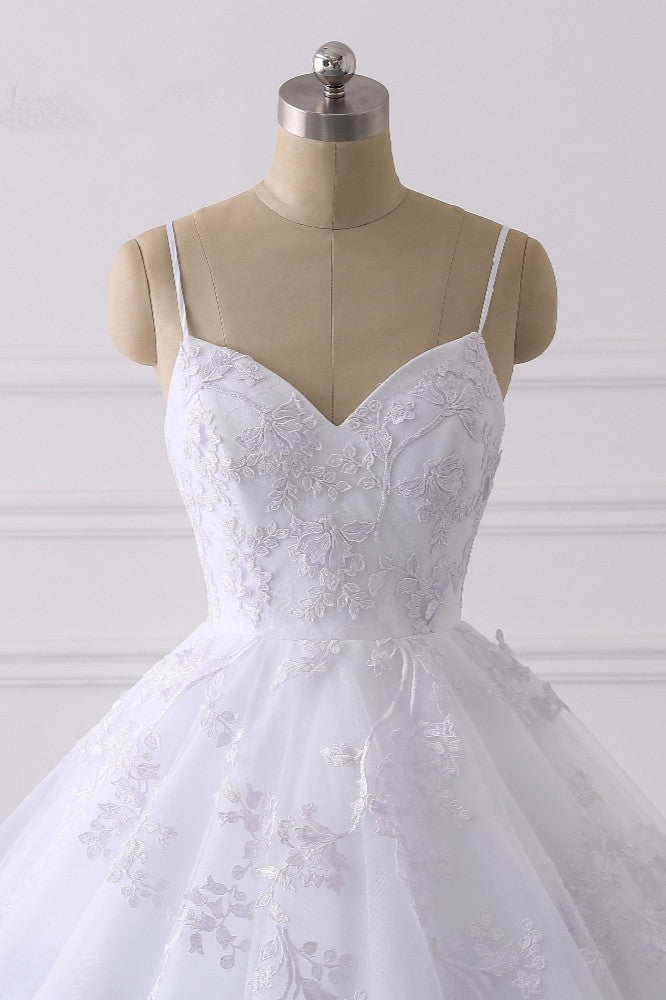 Glamorous Spaghetti Straps V-Neck Tulle Wedding Dress Ball Gown Ruffles Appliques Bridal Gowns Online