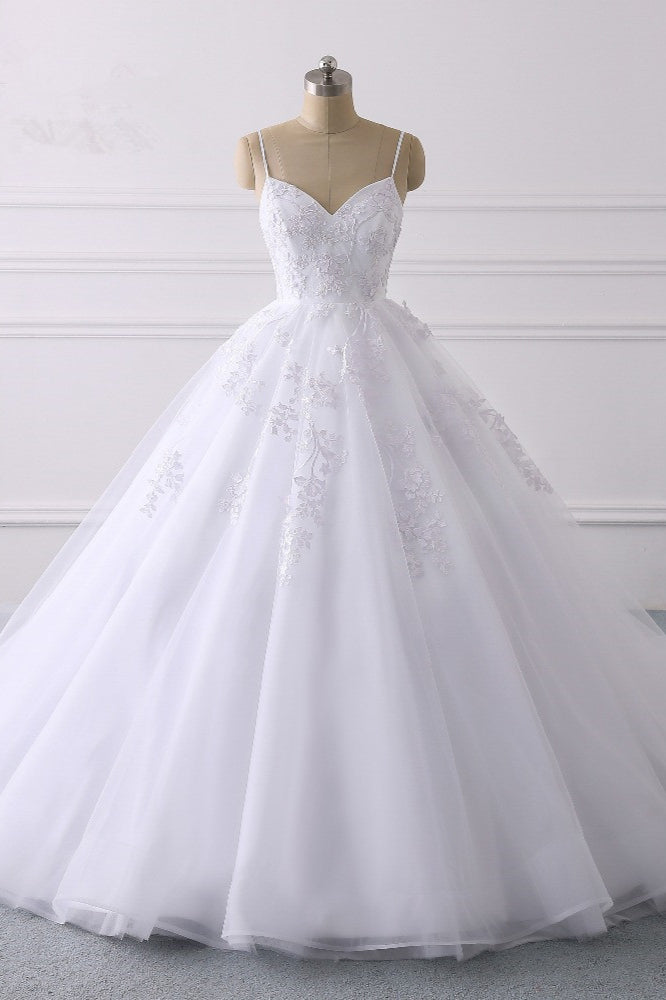 Glamorous Spaghetti Straps V-Neck Tulle Wedding Dress Ball Gown Ruffles Appliques Bridal Gowns Online