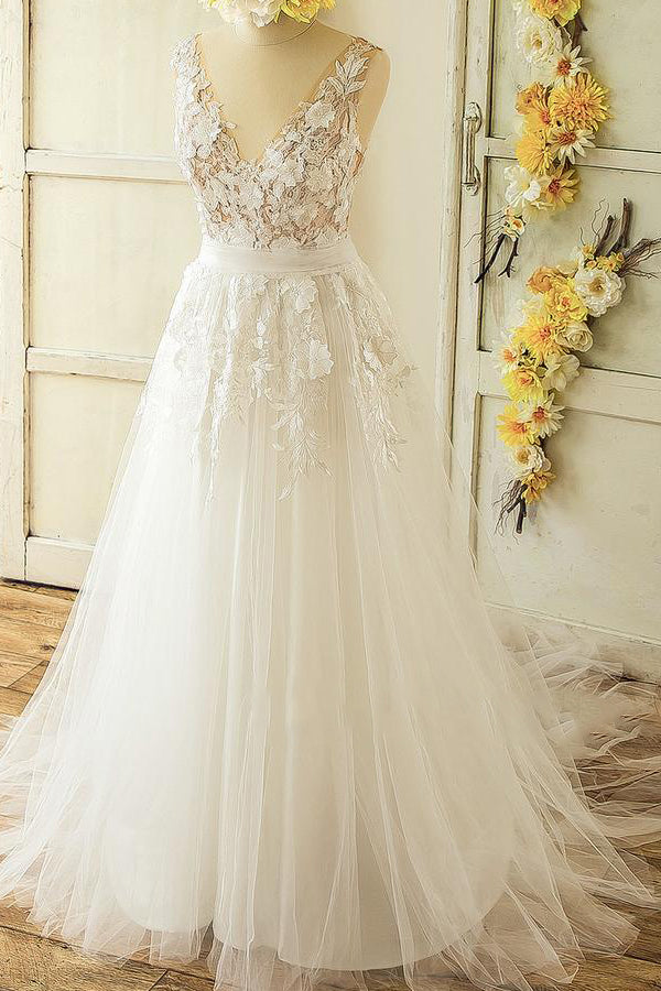 Glamorous Straps Appliques A-line Wedding Dresses White Tulle Bridal Gowns On Sale