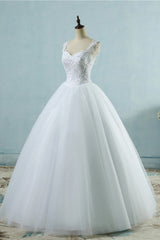 Glamorous Straps Sweetheart White Wedding Dress Sleeveless Appliques Beadings Bridal Gowns