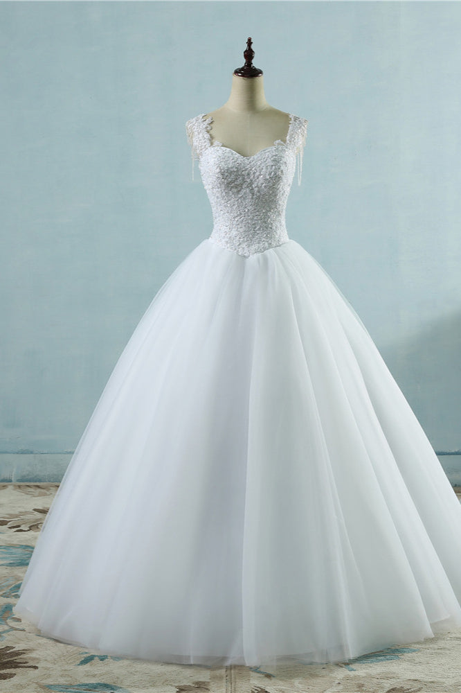 Glamorous Straps Sweetheart White Wedding Dress Sleeveless Appliques Beadings Bridal Gowns