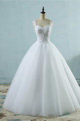 Glamorous Straps Sweetheart White Wedding Dress Sleeveless Appliques Beadings Bridal Gowns