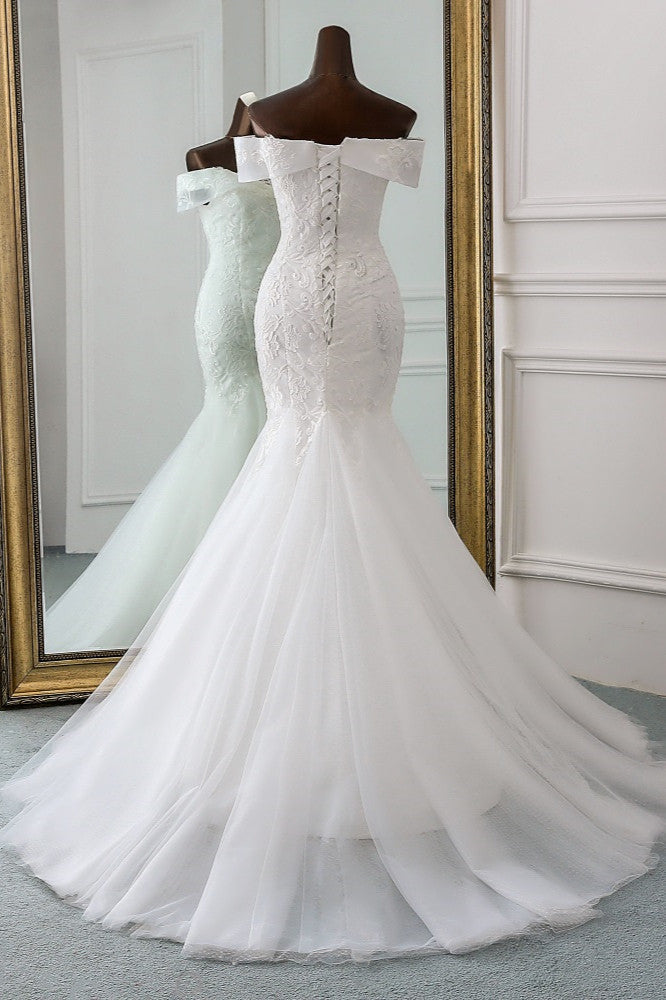 Glamorous Tulle Lace Off-the-Shoulder White Mermaid Wedding Dresses Online