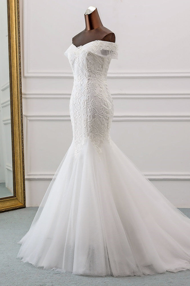 Glamorous Tulle Lace Off-the-Shoulder White Mermaid Wedding Dresses Online