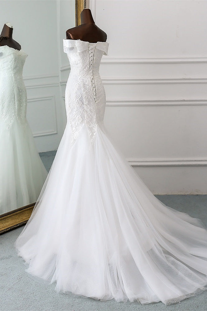 Glamorous Tulle Lace Off-the-Shoulder White Mermaid Wedding Dresses Online