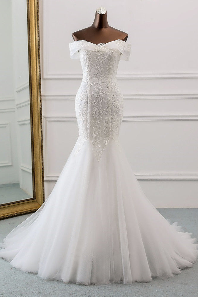 Glamorous Tulle Lace Off-the-Shoulder White Mermaid Wedding Dresses Online