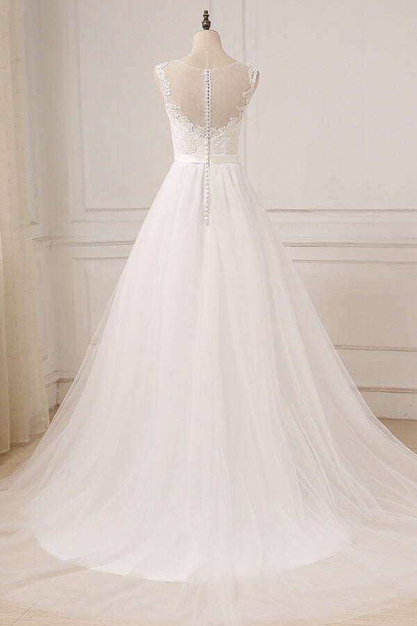 Glamorous Tulle Sleeveless Jewel Wedding Dress White A-line Appliques Bridal Gowns On Sale