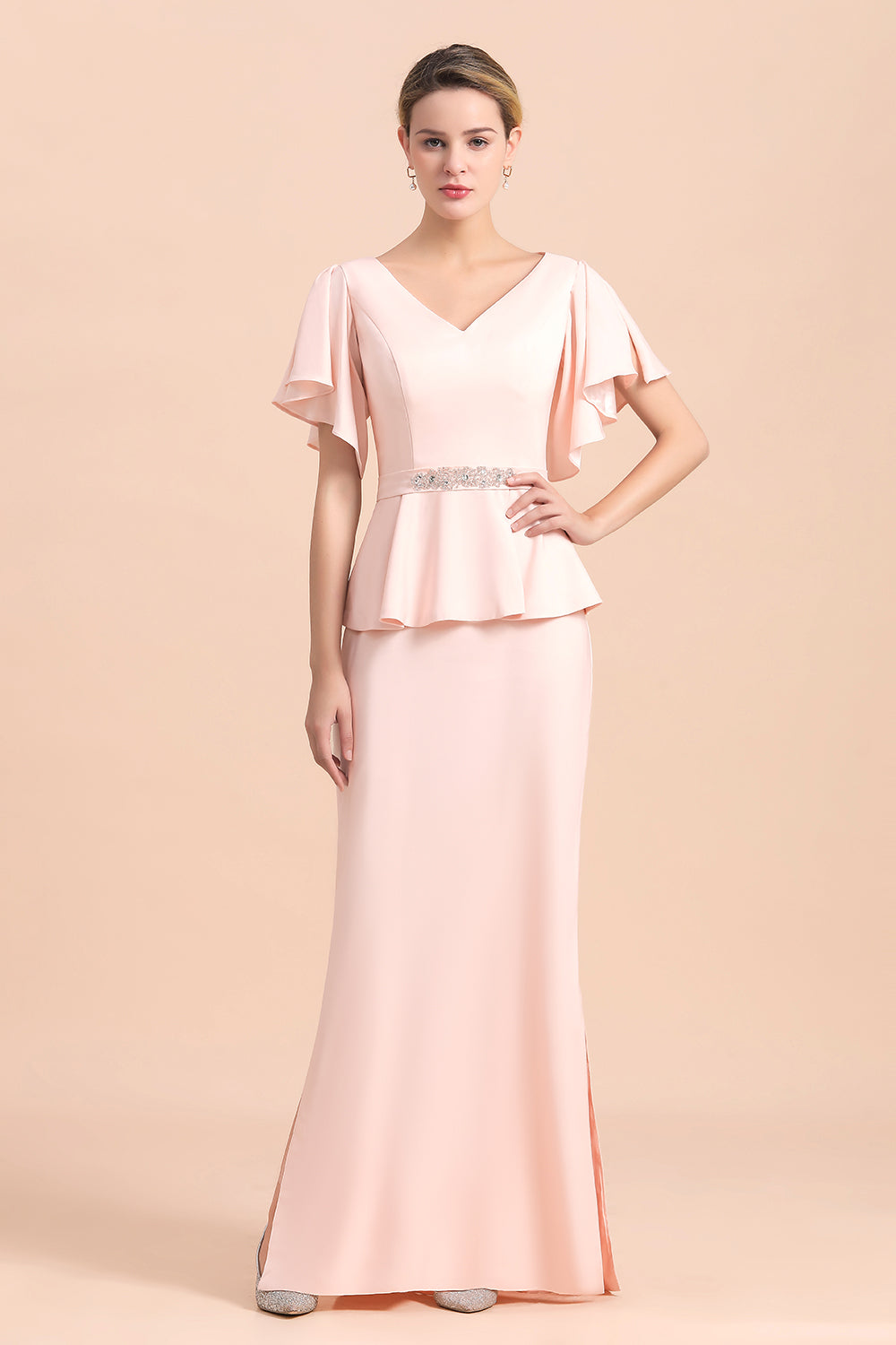 Glamorous V-Neck Front Slit Mother of Bride Dresses with Beadings Sash