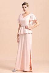 Glamorous V-Neck Front Slit Mother of Bride Dresses with Beadings Sash