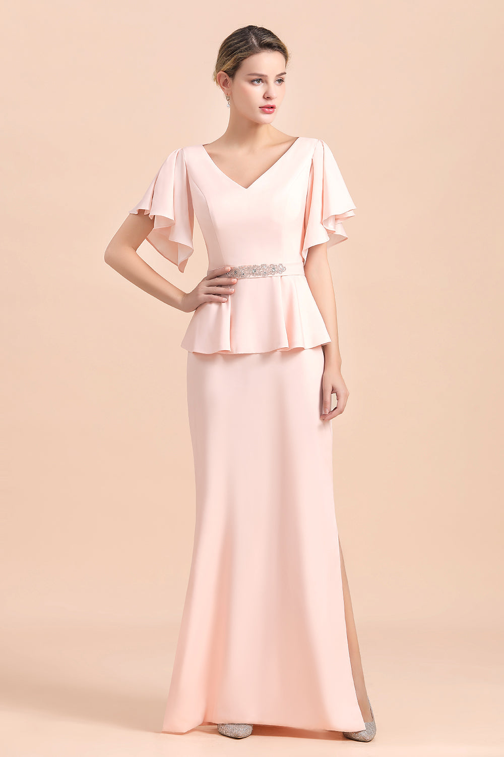 Glamorous V-Neck Front Slit Mother of Bride Dresses with Beadings Sash