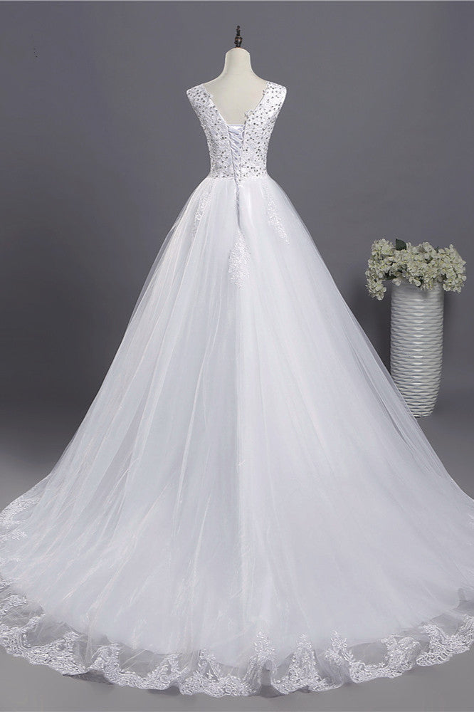 Glamorous V-Neck Sequins White Tulle Wedding Dress Sleevels Lace Appliques Bridal Gowns On Sale