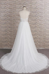 Glamorous V-neck Spaghetti Straps White Wedding Dresses A-line Sleeveless Tulle Lace Bridal Gowns Online